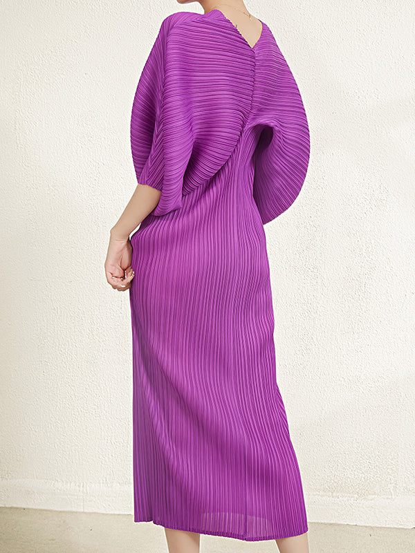 Batwing Sleeves Three-Quarter Sleeves Pleated Solid Color V-Neck Midi Dresses