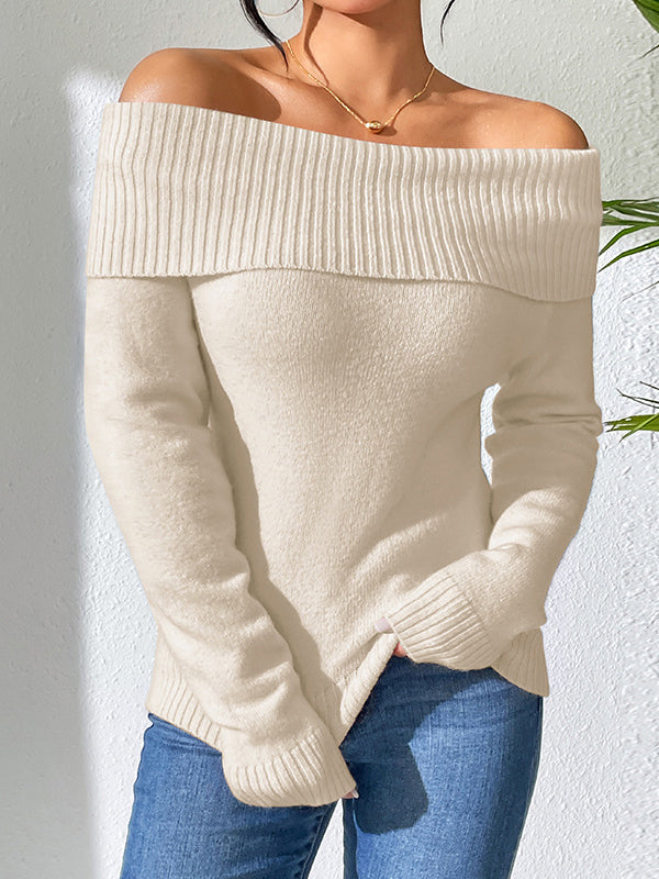 Long Sleeves Solid Color Off-The-Shoulder Pullovers Sweater Tops