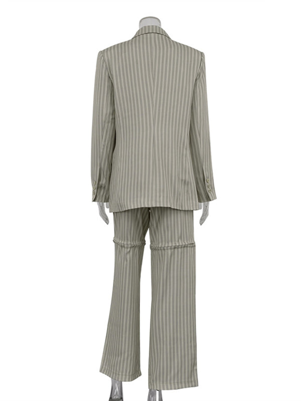 Long Sleeves Loose Buttoned Pockets Striped Notched Collar Blazer Top + Hollow Pants Bottom Two Pieces Set