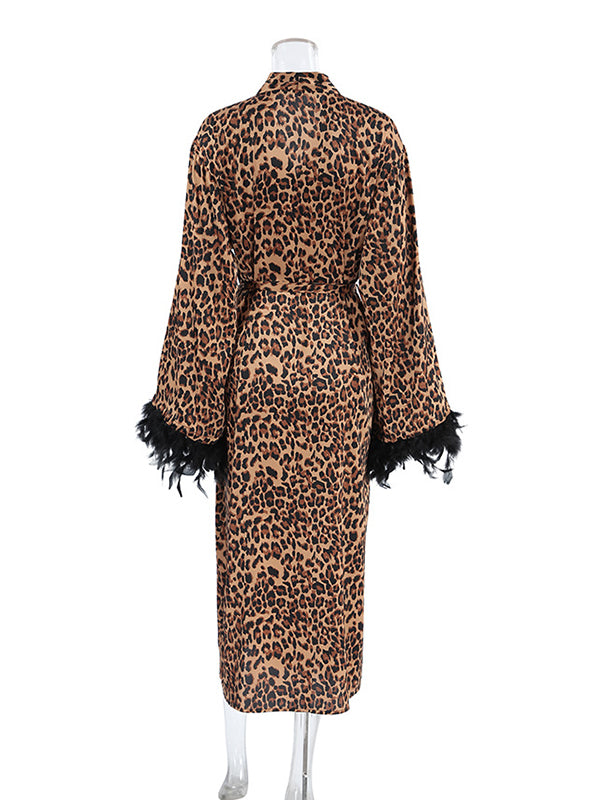 A-Line High Waisted Leopard Split-Joint Tied Waist Deep V-Neck Maxi Dresses