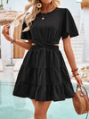 A-Line Flared Sleeves Elasticity Hollow Pleated Solid Color Split-Joint Round-Neck Mini Dresses