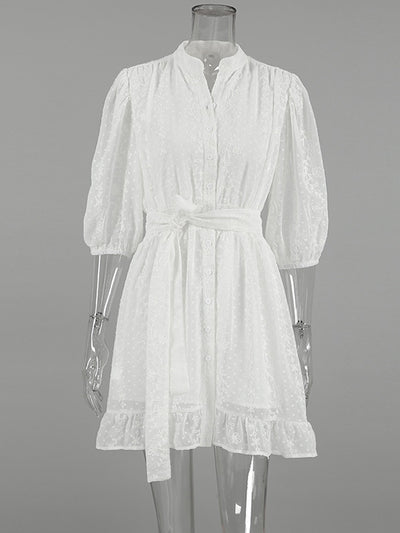 Loose Puff Sleeves Jacquard Pleated Ruffled See-Through Solid Color Split-Joint Tied Waist Stand Collar Mini Dresses