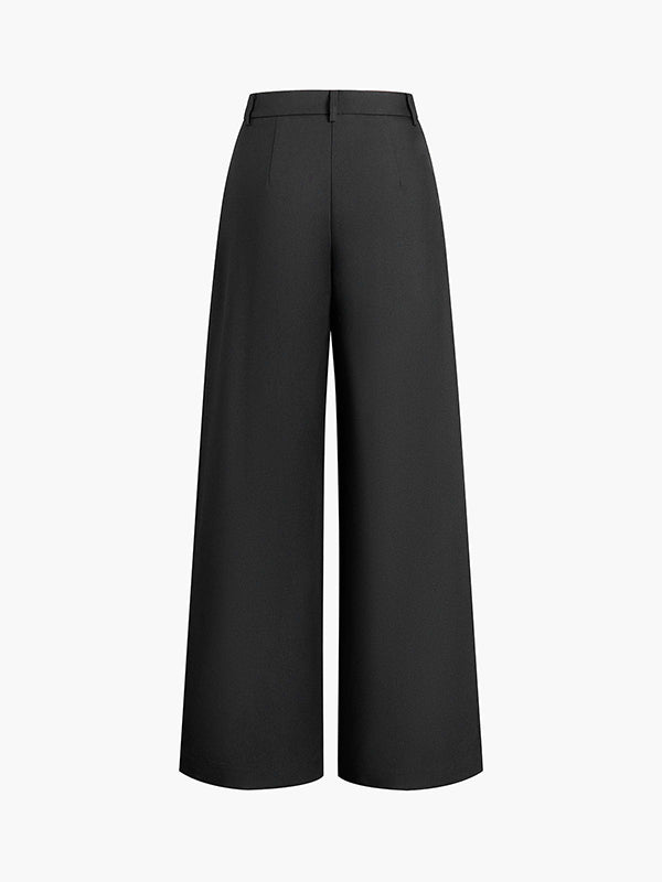 High Waisted Loose No Belt Pleated Pockets Solid Color Suit Pants Trousers