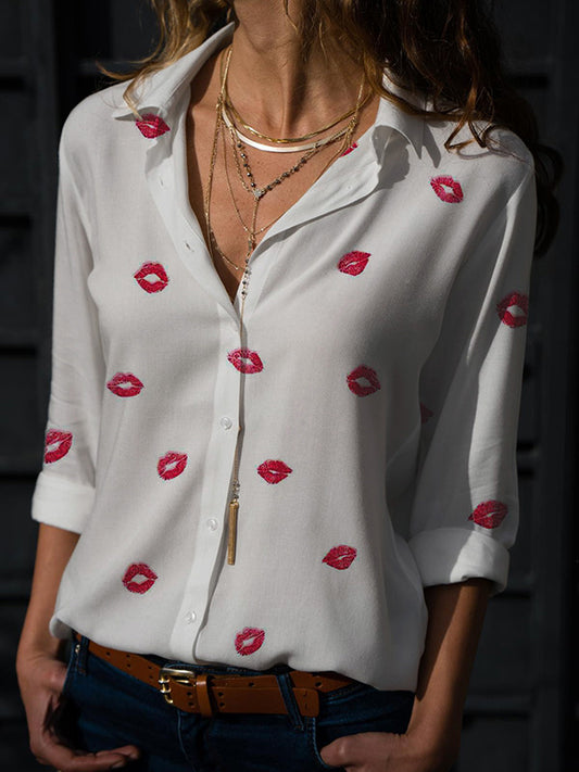 Long Sleeves Loose Buttoned Printed Lapel Blouses&Shirts Tops