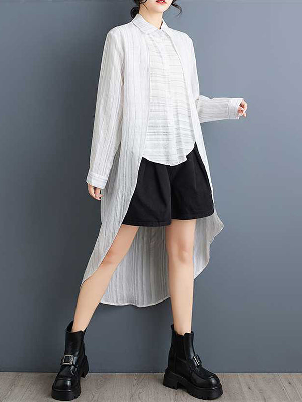 False Two High-Low Buttoned Split-Joint Striped Lapel Blouses&Shirts Tops