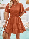 A-Line Flared Sleeves Elasticity Hollow Pleated Solid Color Split-Joint Round-Neck Mini Dresses