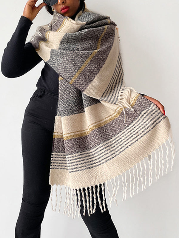 Contrast Color Striped Tasseled Scarf