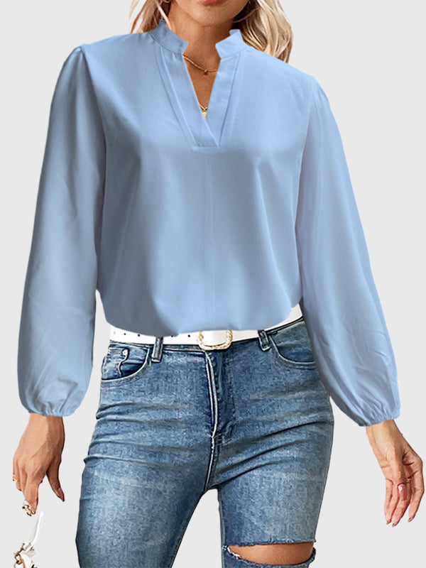 Long Sleeves Loose Elasticity Solid Color Stand Collar Blouses&Shirts Tops