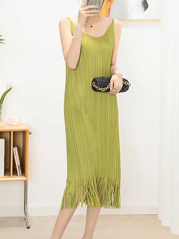 Loose Sleeveless Pleated Solid Color Tasseled Spaghetti-Neck Midi Dresses