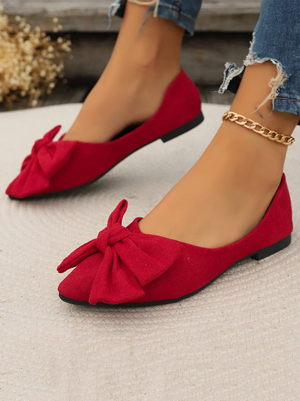 Bowknot Pleated Pointed-Toe Shallow Cut Split-Joint Flat Shoes