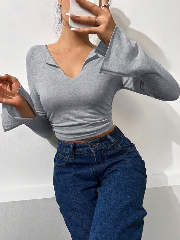 Flared Sleeves Long Sleeves Pleated Solid Color V-Neck T-Shirts Tops