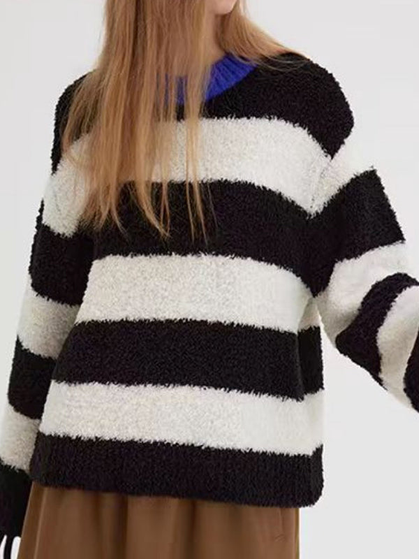 Long Sleeves Loose Contrast Color Split-Joint Striped Round-Neck Pullovers Sweater Tops