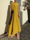 Loose Sleeveless Asymmetric Contrast Color Split-Side Tied Round-Neck Maxi Dresses