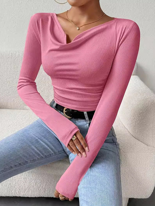 Long Sleeves Skinny Pleated Solid Color Split-Joint V-Neck T-Shirts Tops