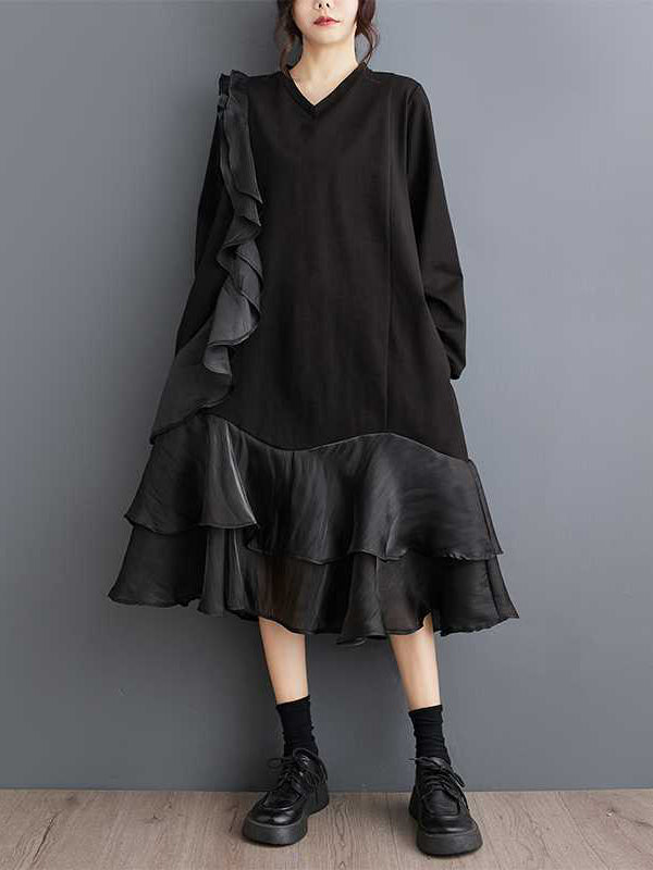 A-Line Long Sleeves Contrast Color Pockets Ruffle Trim Split-Joint V-Neck Midi Dresses