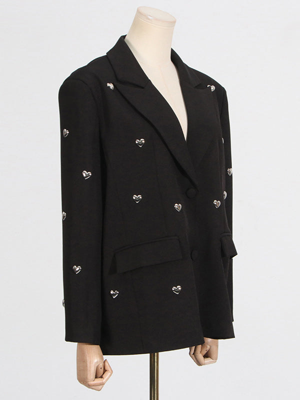 Long Sleeves Loose Buttoned Shoulder Pad Solid Color Split-Joint Notched Collar Blazer Outerwear