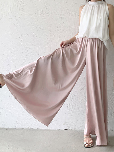 High Waisted Loose Elasticity Pleated Solid Color Culotte Pants