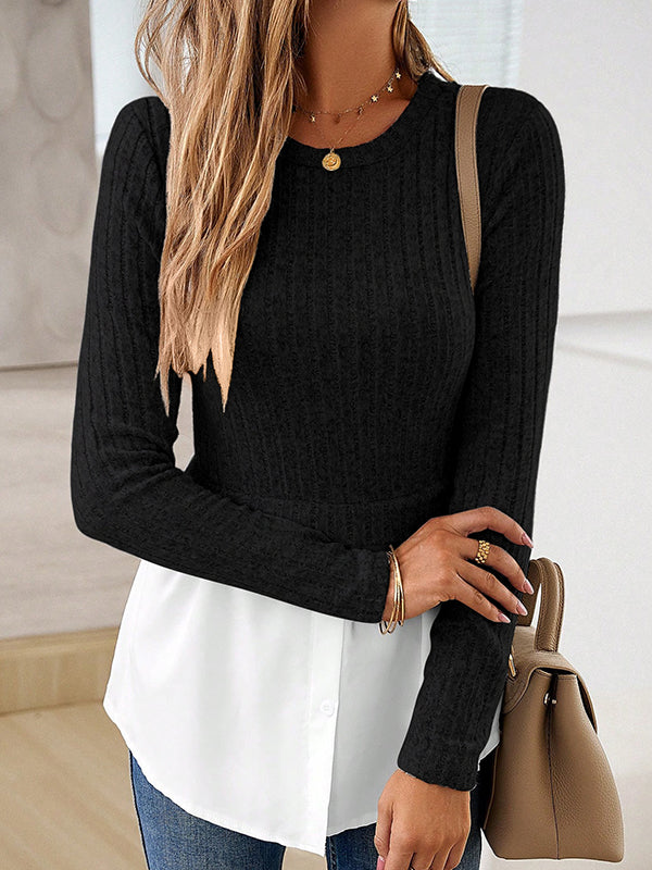 Long Sleeves Loose Buttoned Split-Joint Round-neck Knit Top