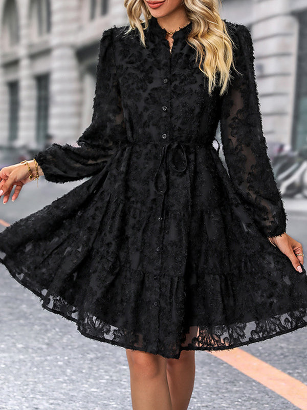 A-Line Long Sleeves Buttoned Elasticity Jacquard Pleated Solid Color Tied Waist Stand Collar Mini Dresses