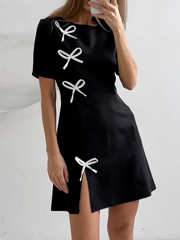 A-Line High Waisted Bowknot Split-Joint Split-Side Round-Neck Mini Dresses