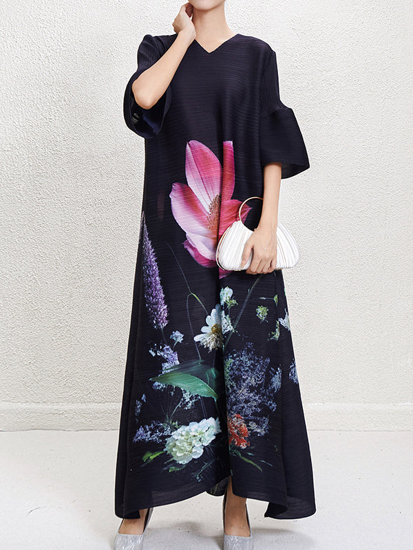 A-Line Flared Sleeves Flower Print Pleated V-Neck Maxi Dresses