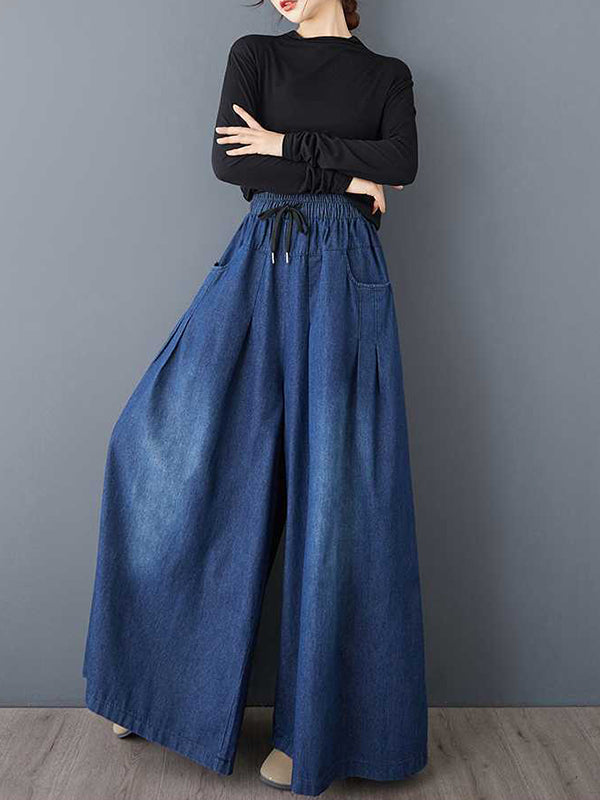 High Waisted Loose Drawstring Elasticity Pleated Pockets Jean Pants Bottoms