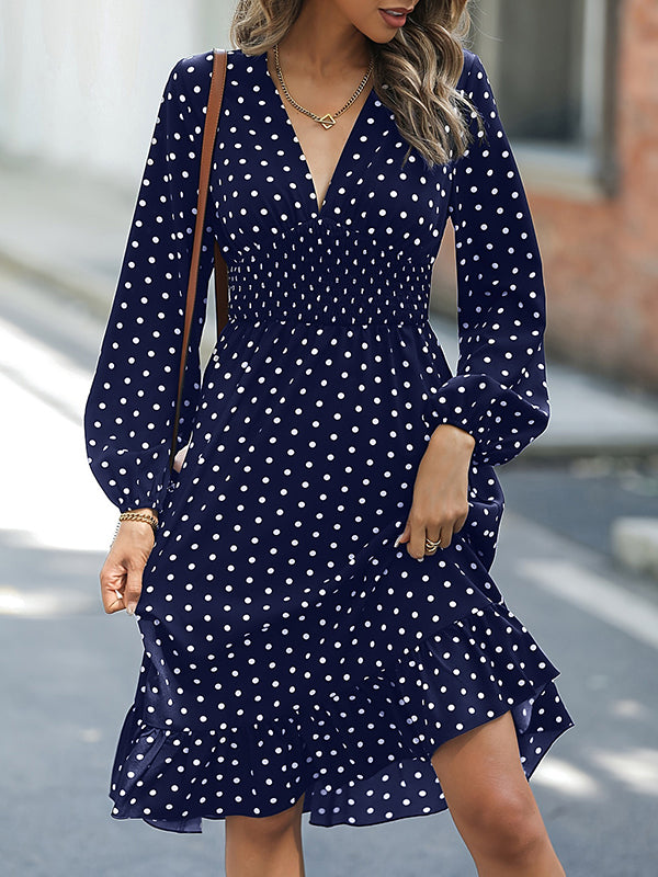 Long Sleeves Loose Elasticity Pleated Polka-Dot Split-Joint V-Neck Midi Dresses