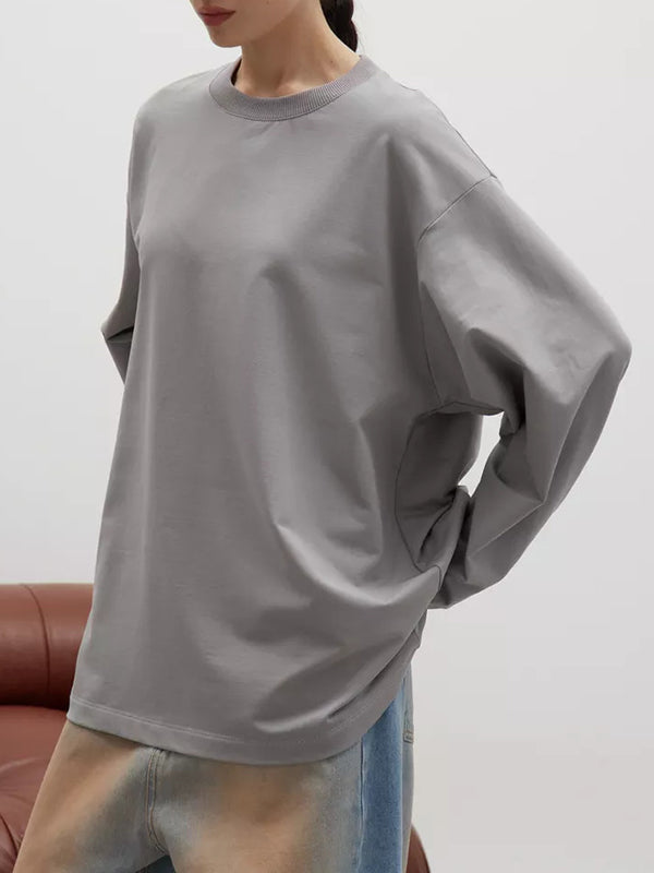 Long Sleeves Loose Solid Color Round-Neck T-Shirts Tops