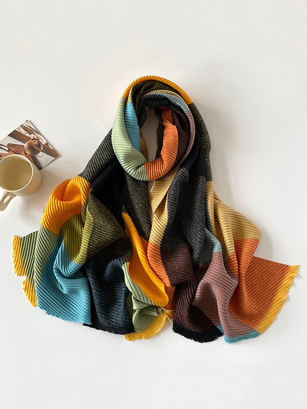 Contrast Color Pleated Striped Scarf