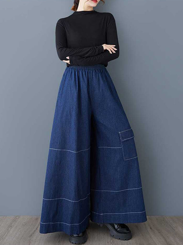 High Waisted Loose Elasticity Pockets Culotte Jean Pants Bottoms