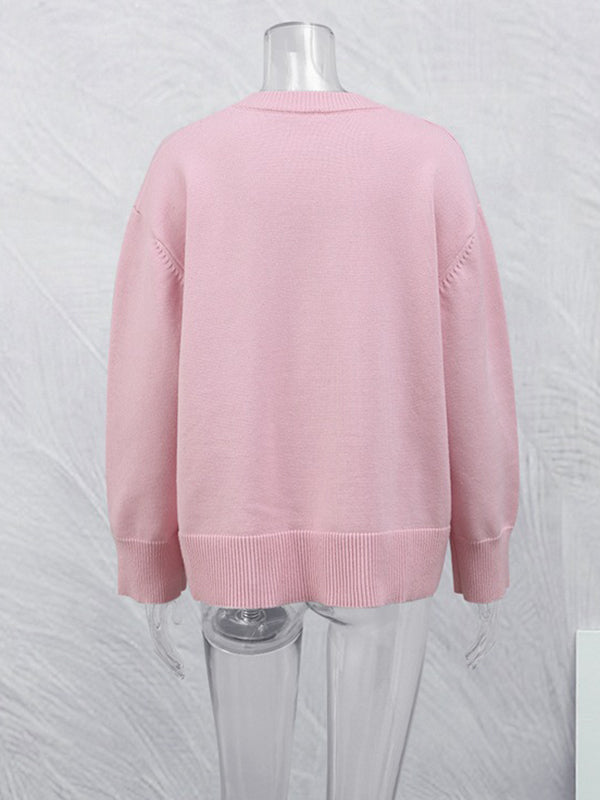 Long Sleeves Loose Solid Color Split-Joint Round-Neck Sweater Tops