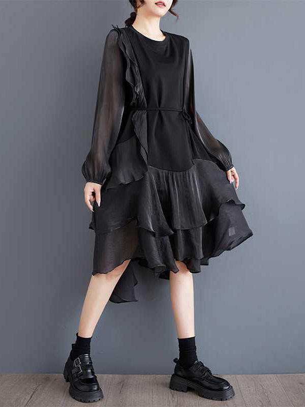 High-Low Long Sleeves Contrast Color Ruffle Trim Split-Joint Round-Neck Midi Dresses