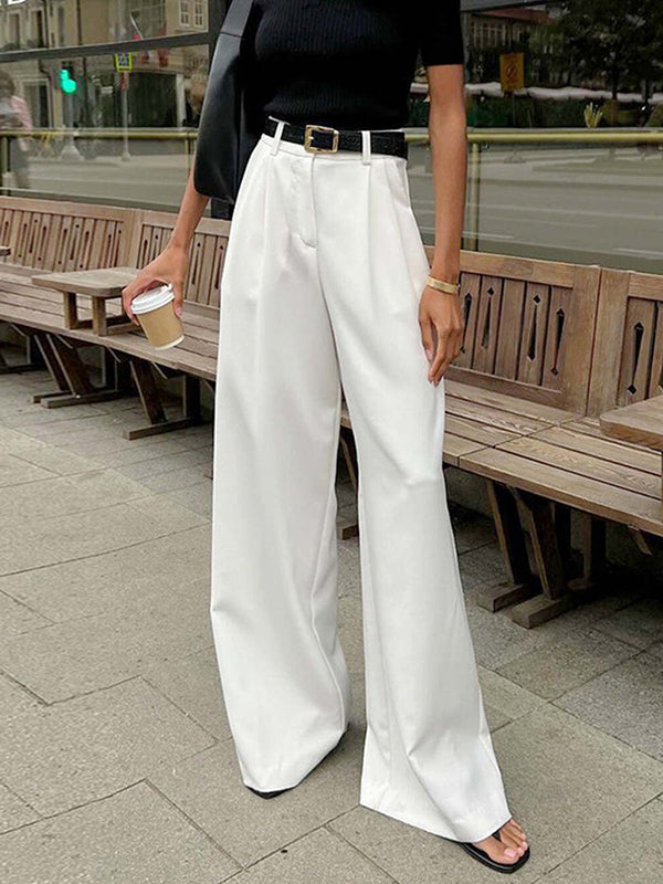 High Waisted Loose No Belt Pleated Pockets Solid Color Suit Pants Trousers