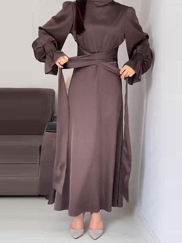 A-Line Long Sleeves Pleated Solid Color Tied Waist Zipper Mock Neck Maxi Dresses