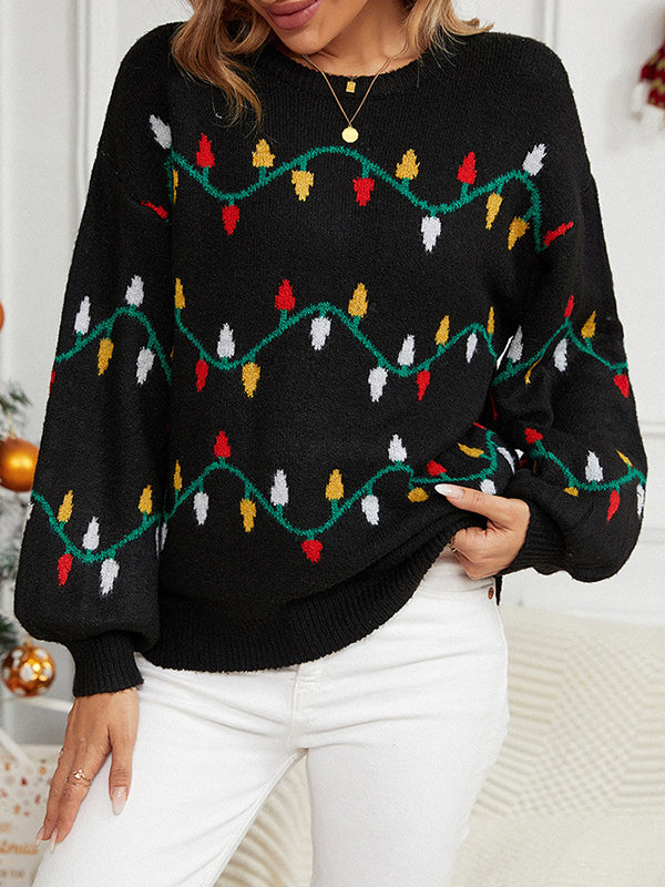 Long Sleeves Loose Contrast Color Round-Neck Pullovers Sweater Tops