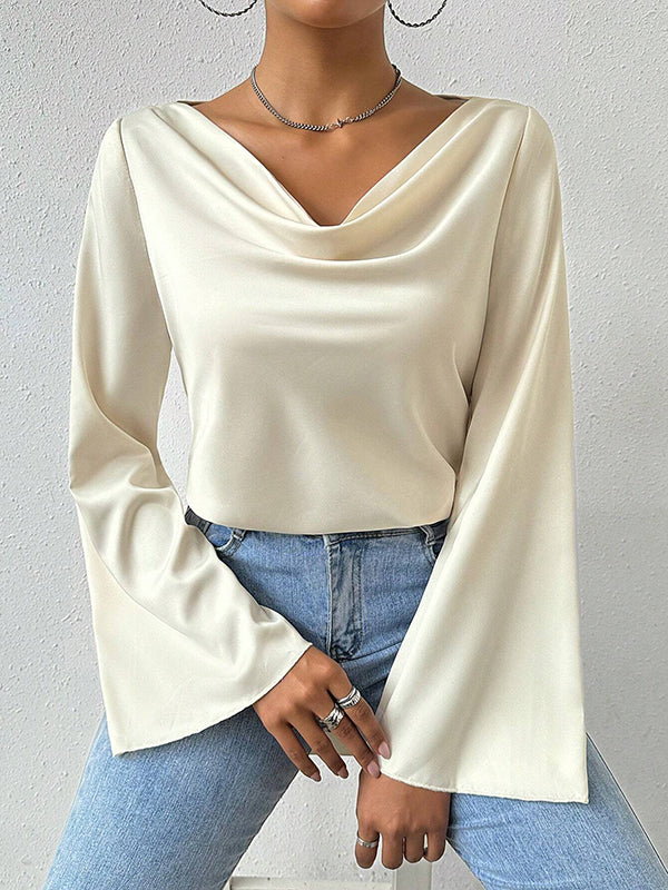 Long Sleeves Loose Solid Color Heaps Collar T-Shirts Tops