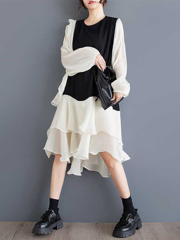 High-Low Long Sleeves Contrast Color Ruffle Trim Split-Joint Round-Neck Midi Dresses