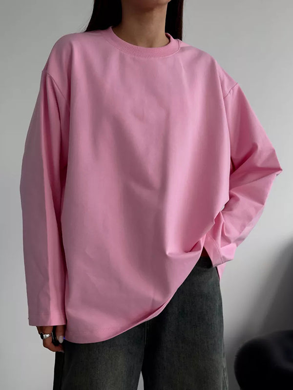 Long Sleeves Loose Solid Color Round-Neck T-Shirts Tops