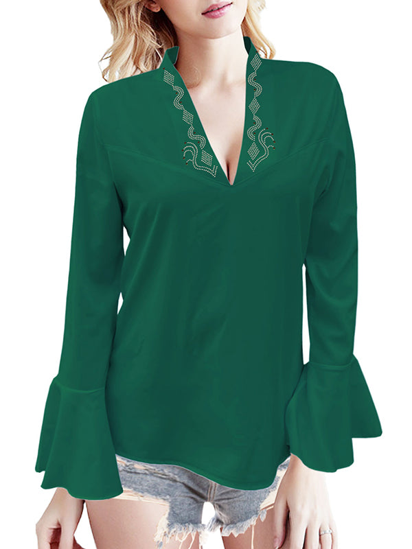 Flared Sleeves Long Sleeves Rhine Stones Solid Color V-Neck Blouses&Shirts Tops