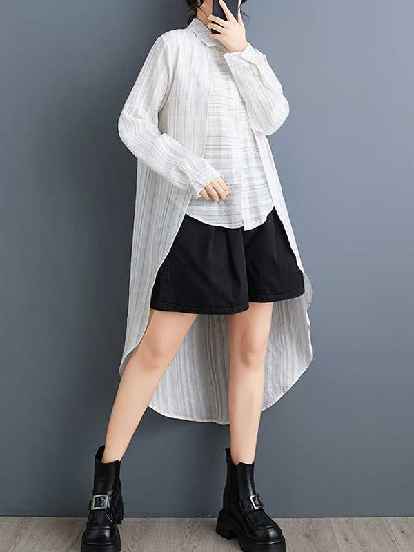 False Two High-Low Buttoned Split-Joint Striped Lapel Blouses&Shirts Tops