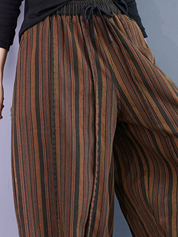 Harem Pants High Waisted Drawstring Elasticity Split-Joint Striped Pants Trousers