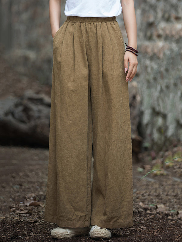 Loose Wide Leg Elasticity Pleated Pockets Solid Color Pants Trousers