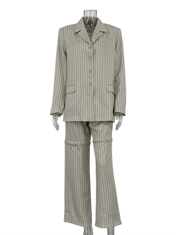 Long Sleeves Loose Buttoned Pockets Striped Notched Collar Blazer Top + Hollow Pants Bottom Two Pieces Set