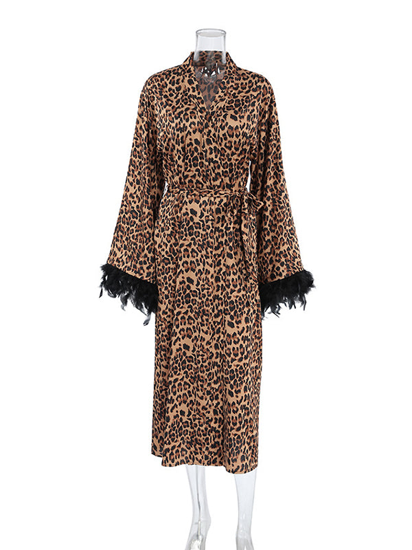 A-Line High Waisted Leopard Split-Joint Tied Waist Deep V-Neck Maxi Dresses