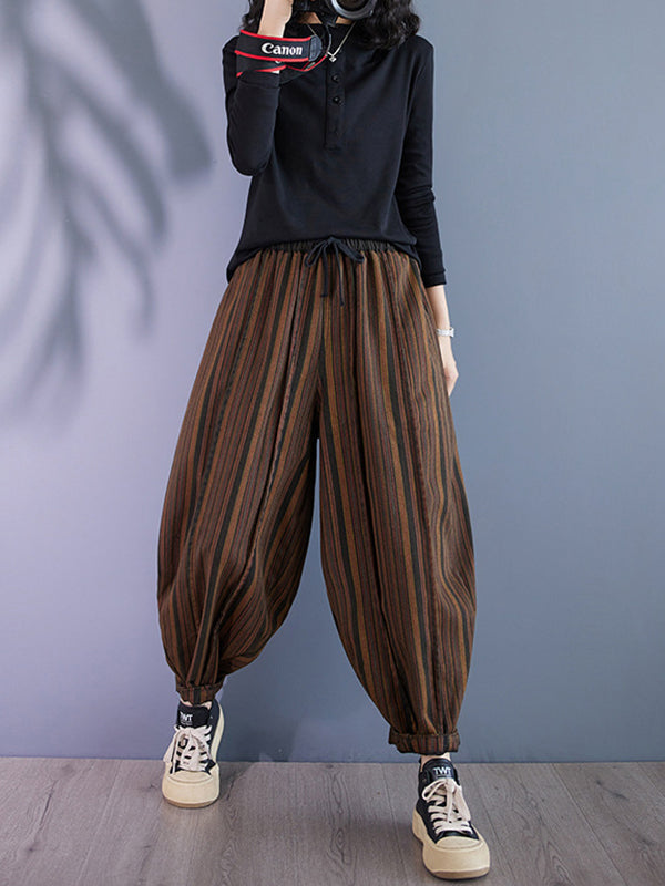 Harem Pants High Waisted Drawstring Elasticity Split-Joint Striped Pants Trousers