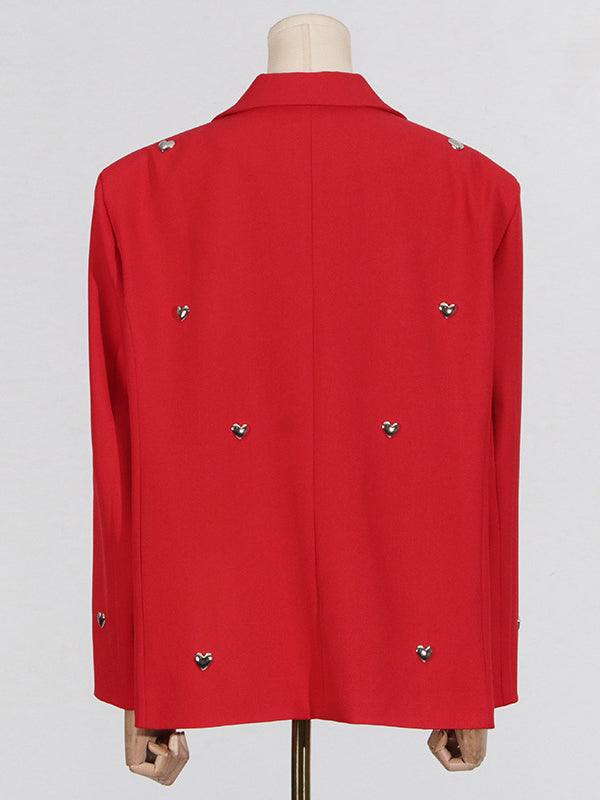 Long Sleeves Loose Buttoned Shoulder Pad Solid Color Split-Joint Notched Collar Blazer Outerwear