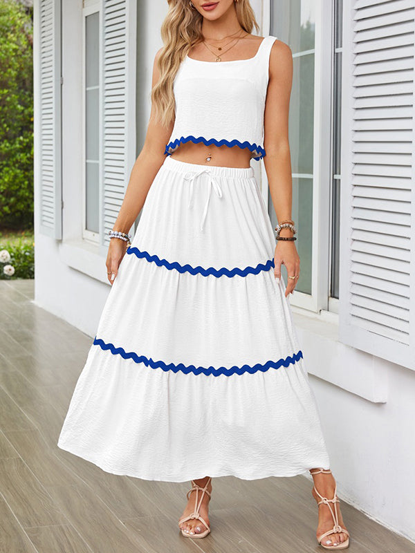 Sleeveless Striped Square-Neck Vest Top + A-Line High Waisted Drawstring Elasticity Pockets Skirts Bottom Two Pieces Set