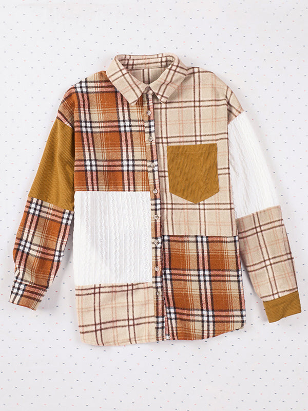 Long Sleeves Loose Buttoned Plaid Pockets Split-Joint Lapel Jackets Outerwear