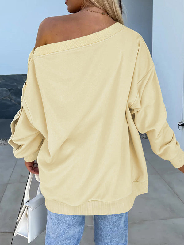 Long Sleeves Loose Buttoned Solid Color Split-Joint One-Shoulder Sweatshirt Tops