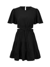 A-Line Flared Sleeves Elasticity Hollow Pleated Solid Color Split-Joint Round-Neck Mini Dresses